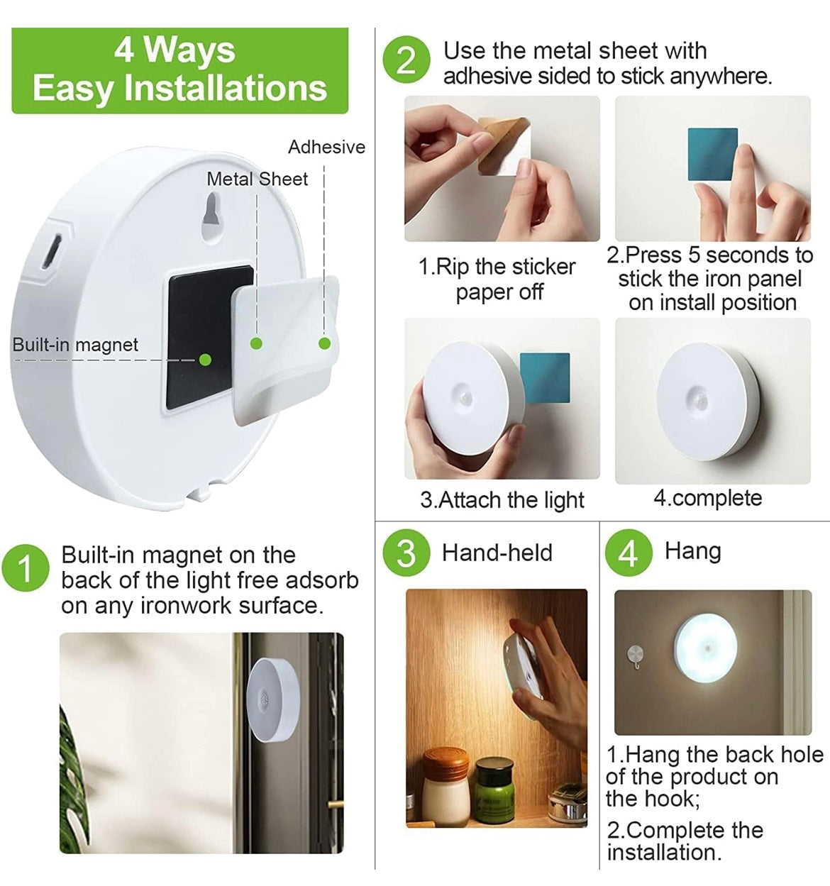 Siddocart Motion Sensor Light (Pack of 2) — USB Rechargeable & Wireless. Smart LED Night Lamp for Wardrobe, Cupboard, and Stairs!