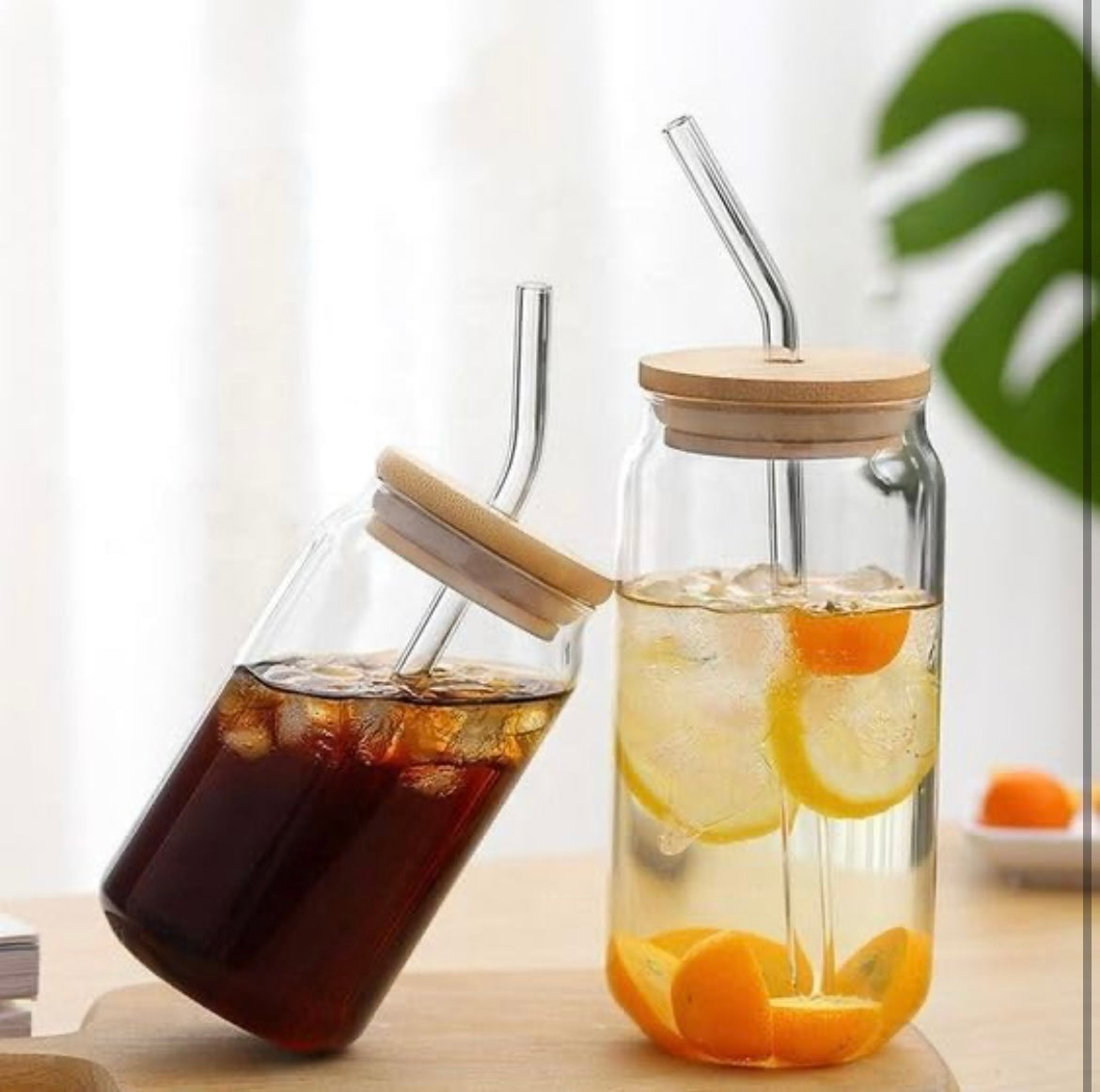 Siddocart Ice Coffee Sipper Juice Drinks Glass Can Mug with Straw for Milk/Coffee/Green Tea Cup Set of 1-540ml Transparent Shape Cup (Pack of 1) (Wooden Florida Can 1)