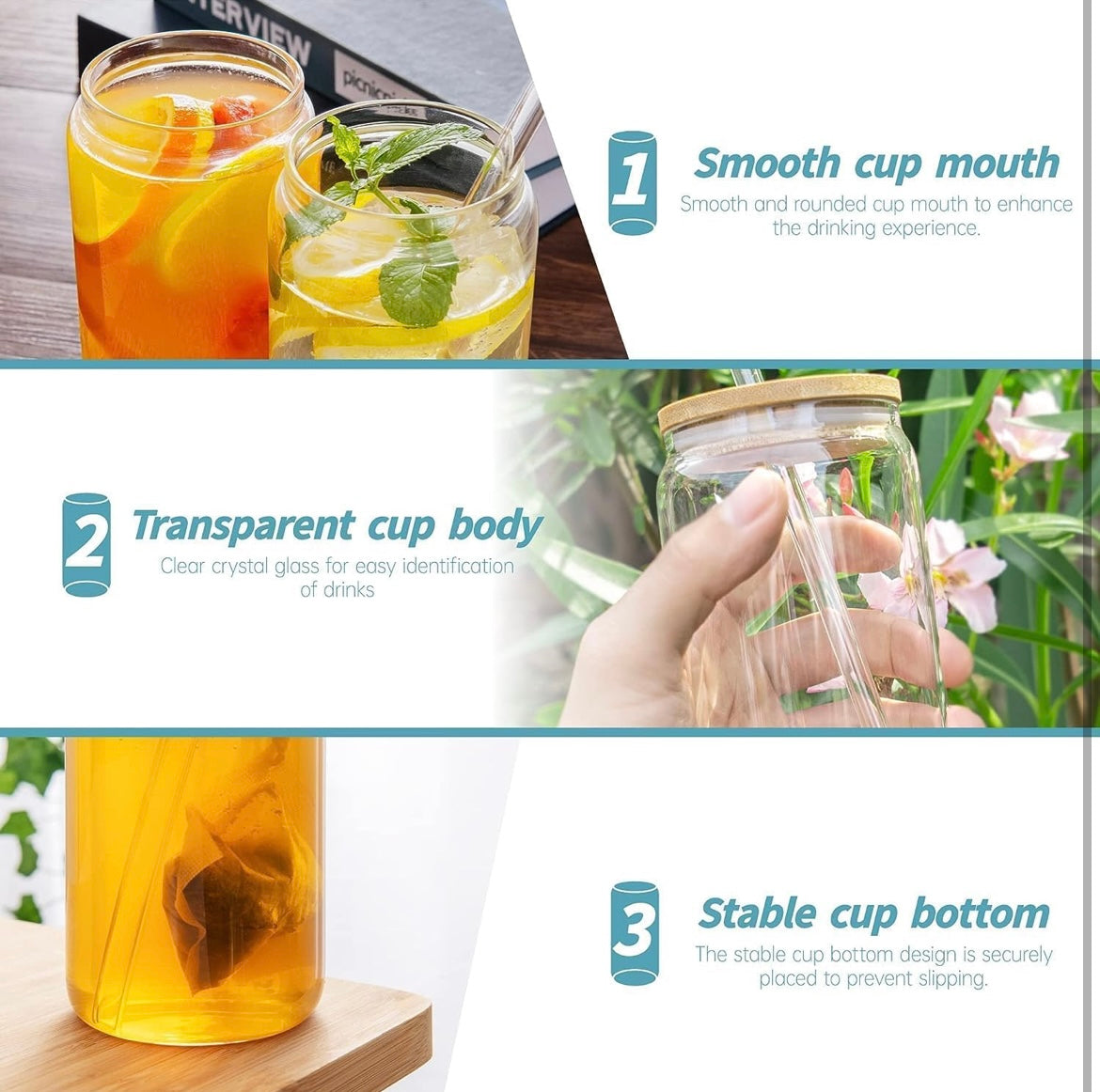 Siddocart Ice Coffee Sipper Juice Drinks Glass Can Mug with Straw for Milk/Coffee/Green Tea Cup Set of 1-540ml Transparent Shape Cup (Pack of 1) (Wooden Florida Can 1)